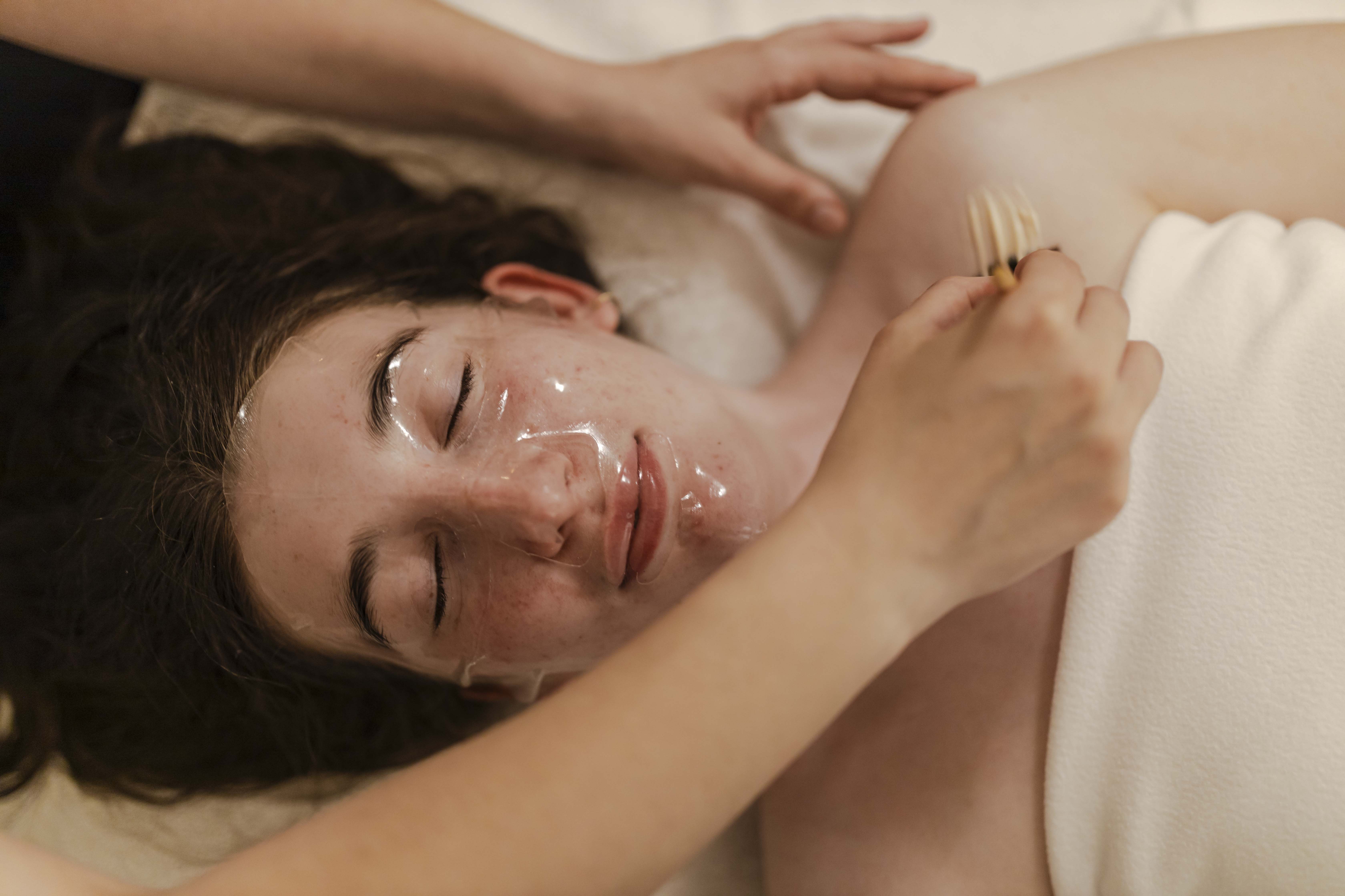 A hydrogel mask treatment in progress